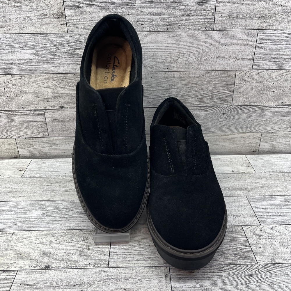 Clarks Airabell Mid Wedge Black Suede Comfort Loafer Shoes Women Size 6M